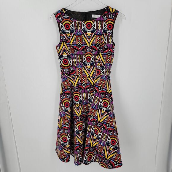 Hanpceirs Dress Womens Medium Geo Print Swing Colorful Zip Back Retro Cocktail - Picture 5 of 13